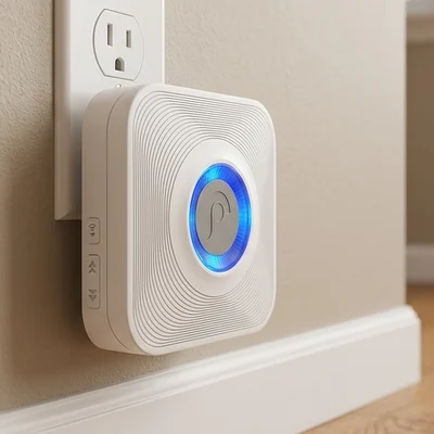 Wireless doorbell chime plugged into an indoor wall outlet