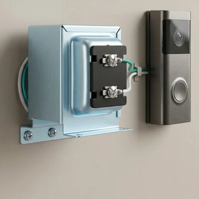 Doorbell transformer mounted on a wall beside a doorbell camera