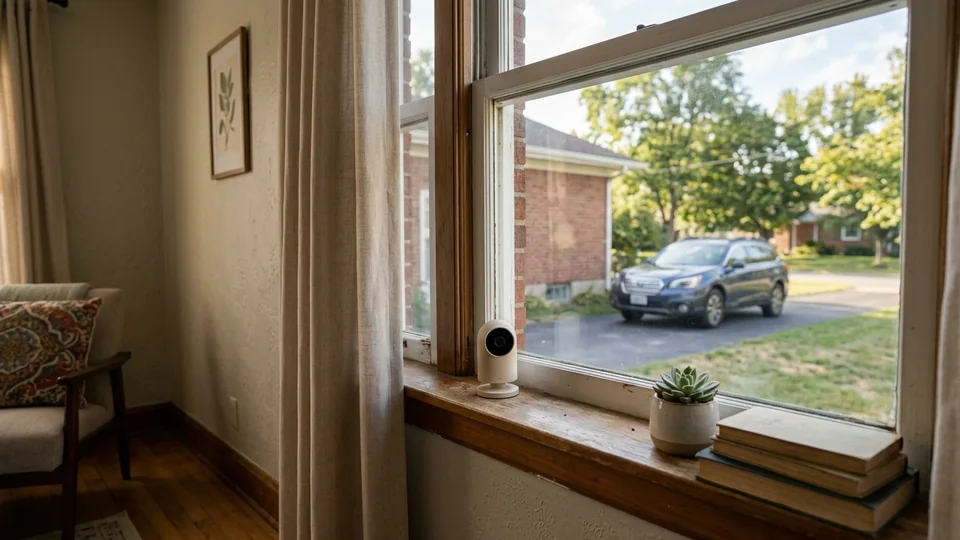An indoor camera on a windowsill looking out at a driveway at dusk