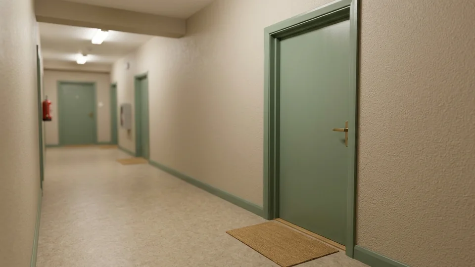 An apartment front door on a shared corridor with clean, unmarked trim