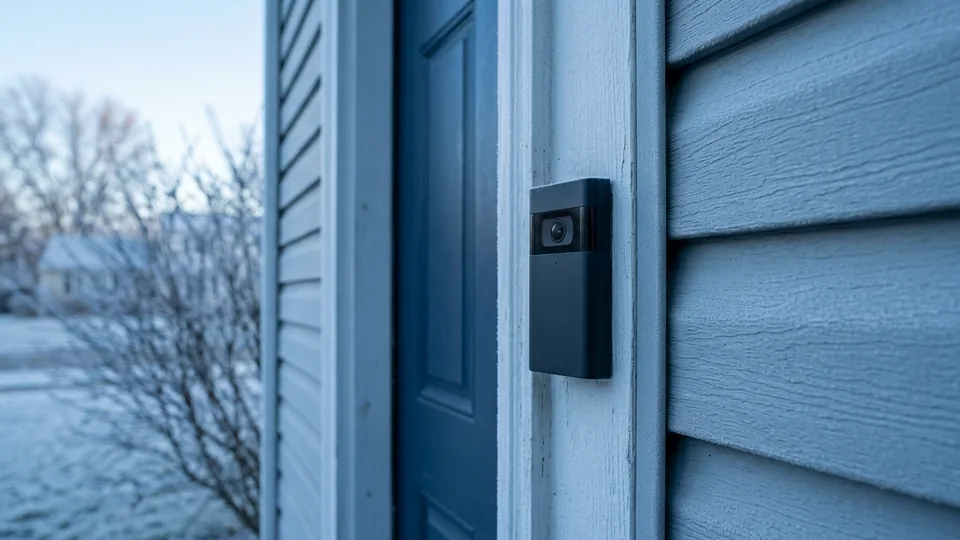A doorbell on exterior trim with frost on the siding around it