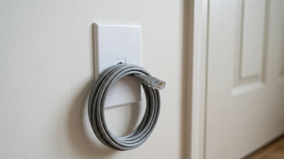 An ethernet cable coiled at a wall plate beside a front door, ready to connect