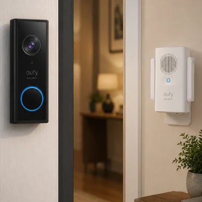 Battery doorbell outside a front door with its chime plugged in indoors