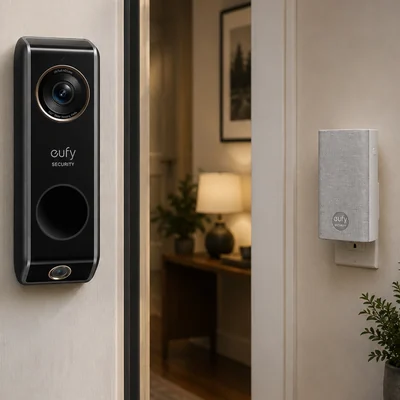 Dual-lens wired doorbell outside a door with its chime plugged in indoors