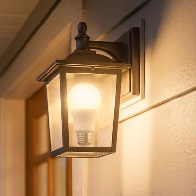 Warm-white bulb lit at dusk in an outdoor porch lantern
