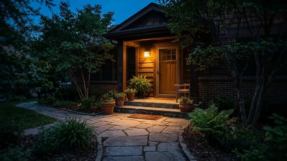 A porch at dusk lit by a single warm light, showing how far it reaches