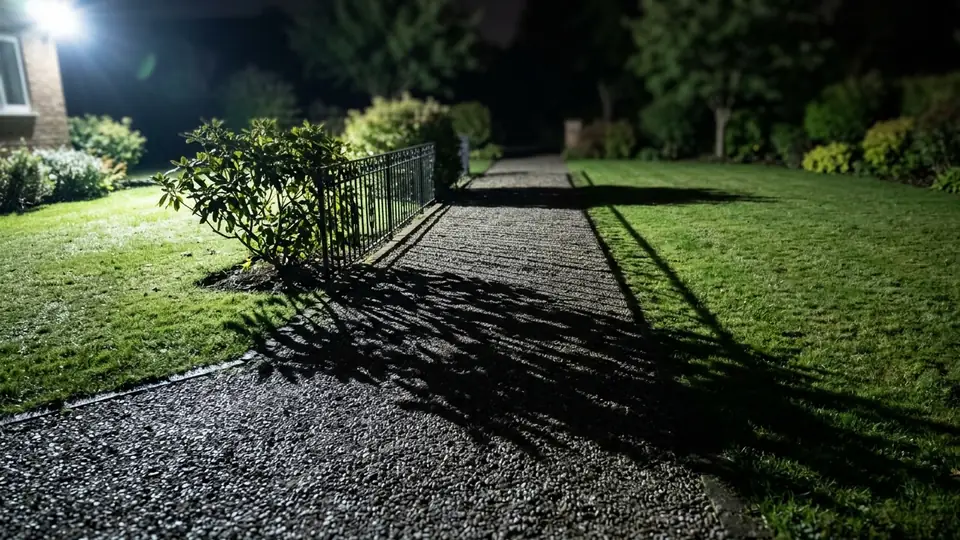 A porch at night with a motion light casting a long shadow across the path