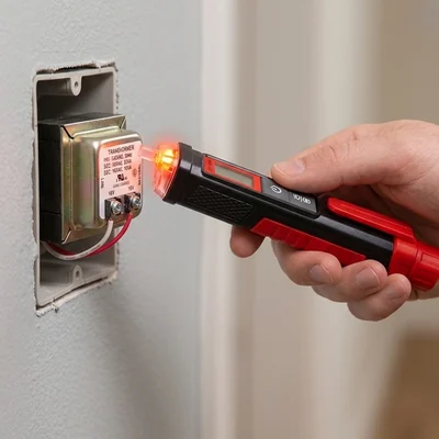Non-contact voltage tester glowing beside a doorbell transformer