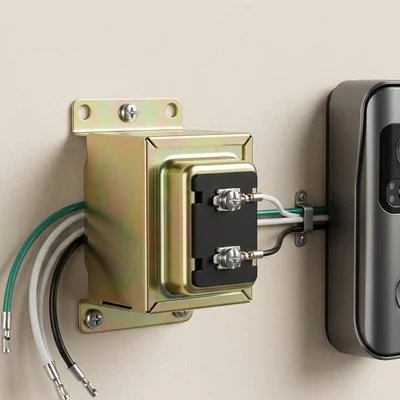 Doorbell transformer mounted on a wall, wired to a doorbell camera