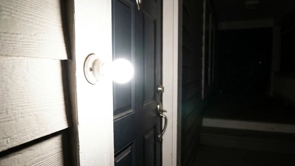 A bright light mounted close to a doorbell position, blowing out the wall beside it