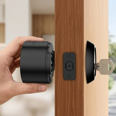 Retrofit lock body being fitted inside a door, key still in the outside cylinder