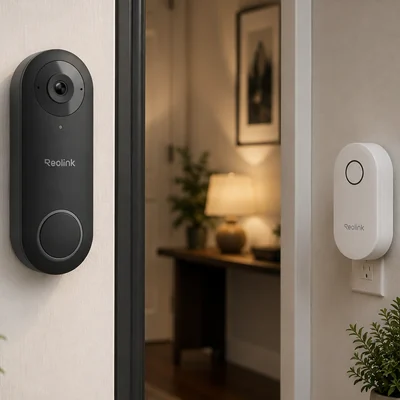 PoE doorbell outside a front door with its plug-in chime indoors