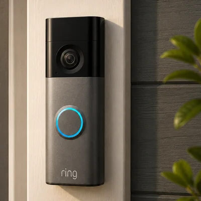 Battery video doorbell mounted on exterior door trim
