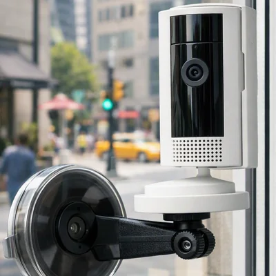 Indoor camera in a shaped suction cradle at a window, street visible beyond