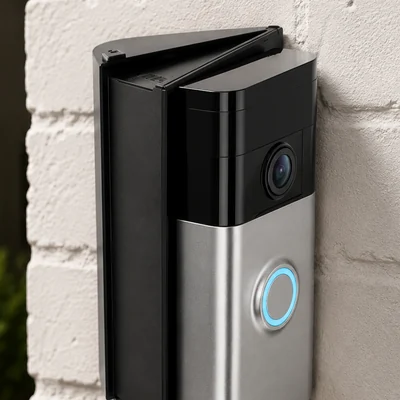 Wedge turning a doorbell sideways on an exterior brick wall