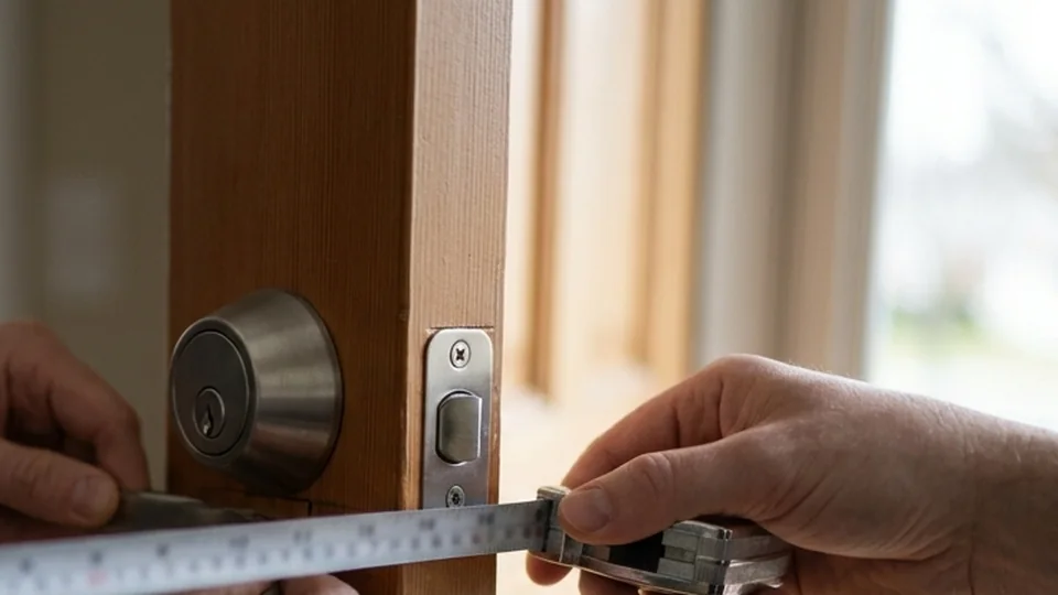 A tape measure held across a door edge against an existing deadbolt