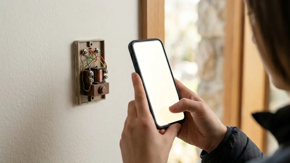 Someone photographing an existing doorbell mechanism and its wired terminals with a phone, before removing it