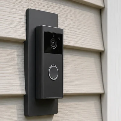 Flat mounting plate bridging the ridges of lap siding, doorbell mounted square on it