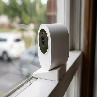 Window camera on an angled base at a windowsill, lens turned toward the glass